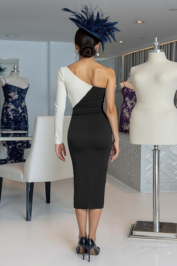 One Shoulder Ruched Black and White Mother of Bride Dress with Sash